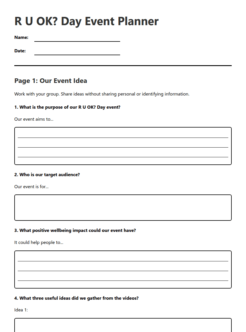 R U OK? Day Event Planner worksheet preview