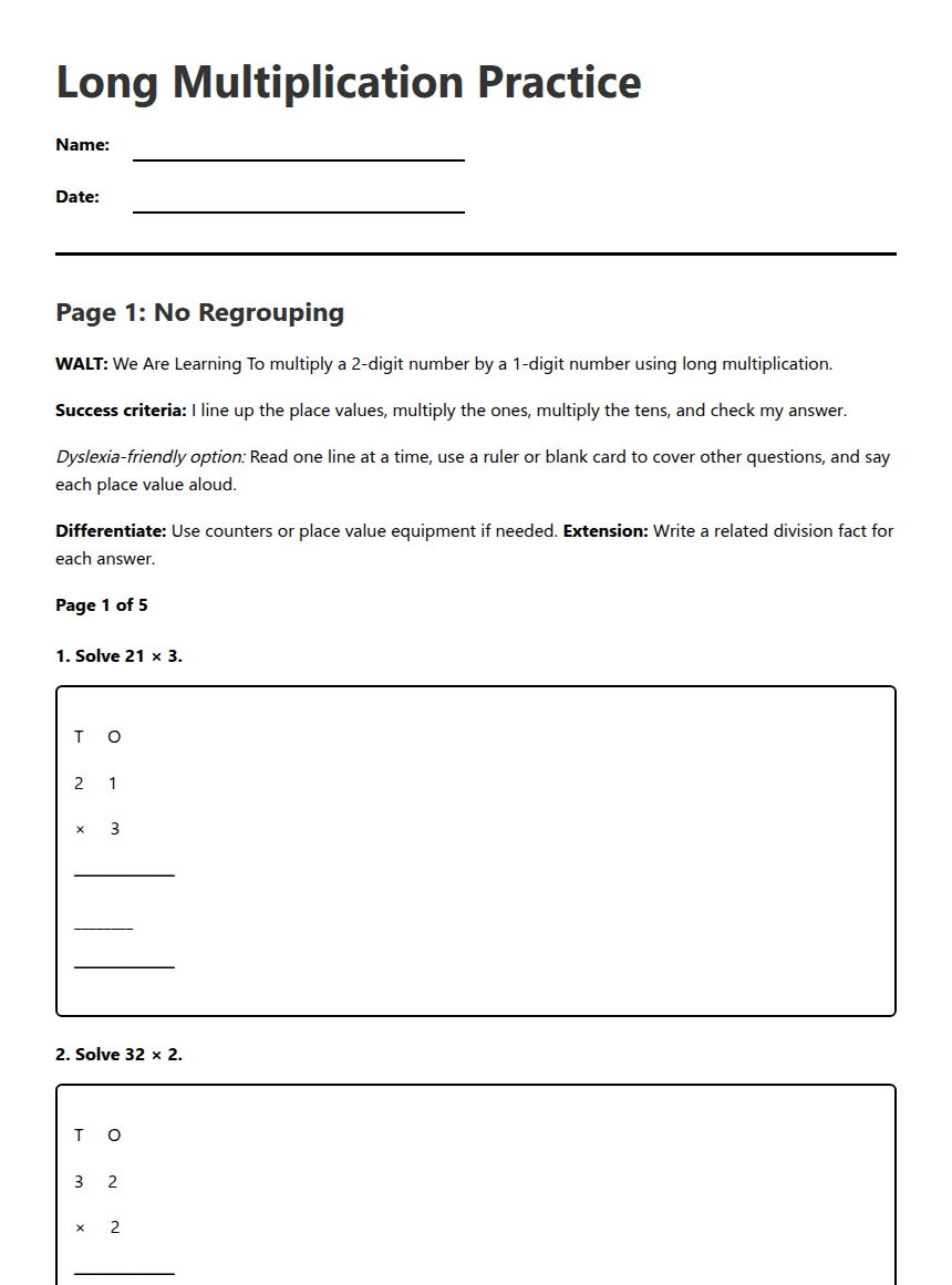 Long Multiplication Practice worksheet preview