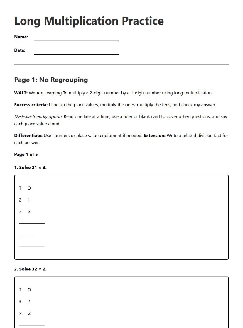 Long Multiplication Practice