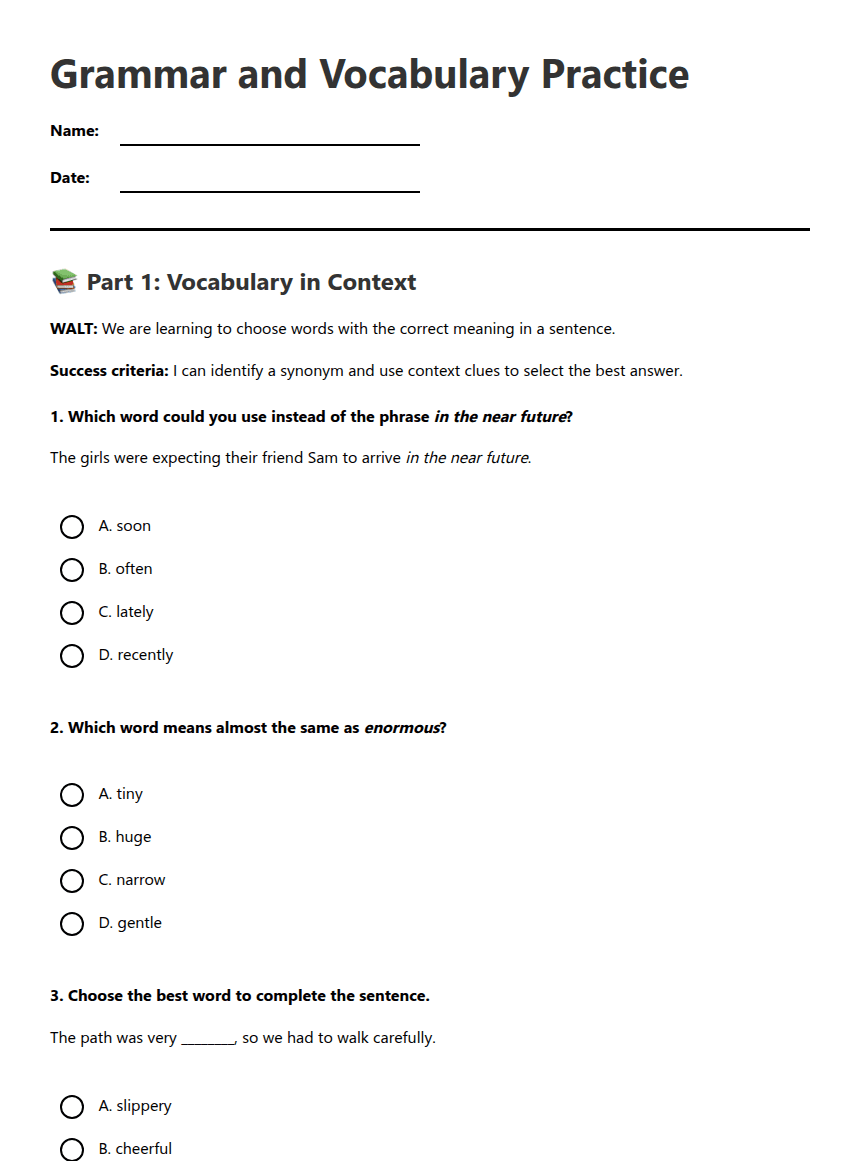 Grammar and Vocabulary Practice worksheet preview