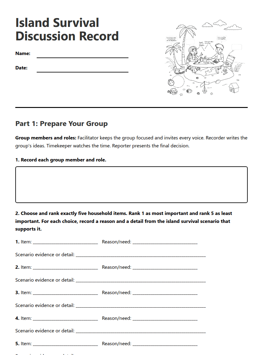 Island Survival Discussion Record worksheet preview