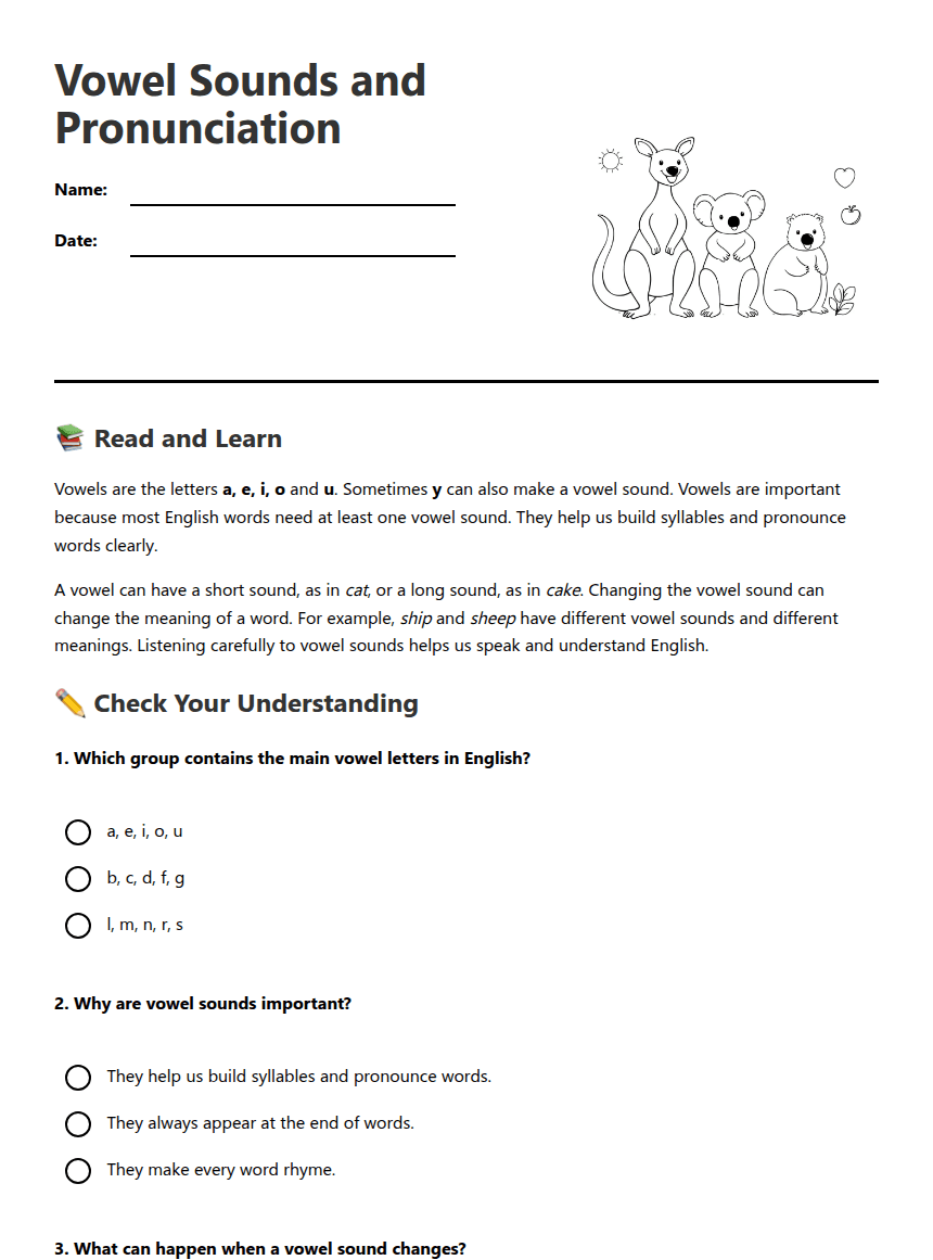 Vowel Sounds and Pronunciation worksheet preview