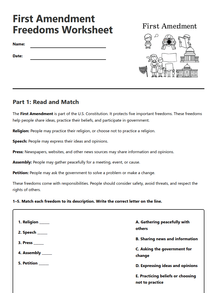 First Amendment Freedoms Worksheet worksheet preview