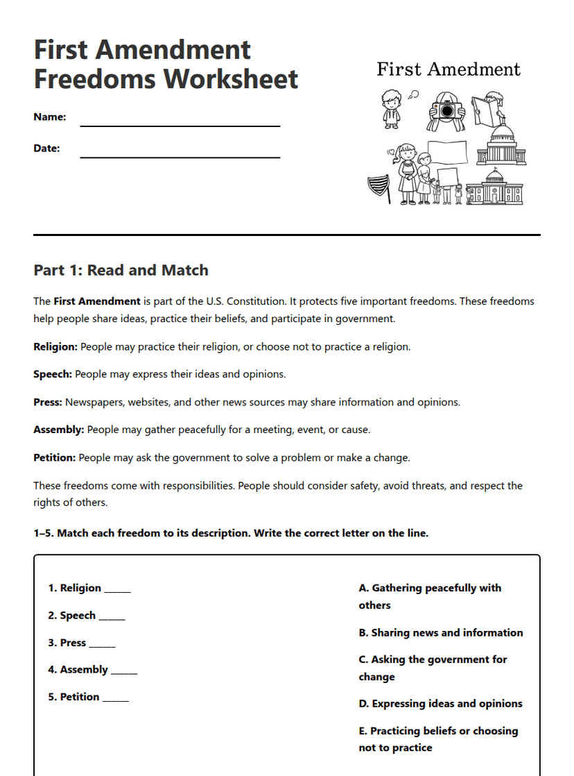 First Amendment Freedoms Worksheet