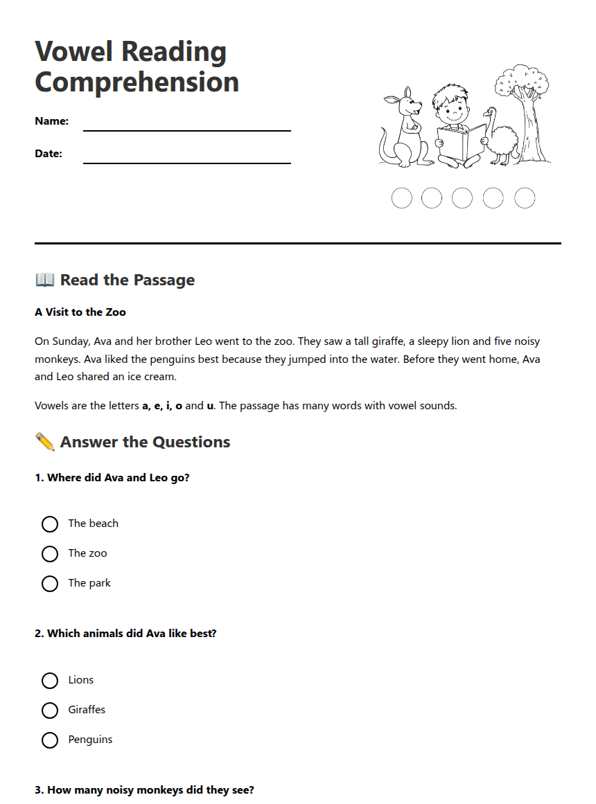Vowel Reading Comprehension worksheet preview