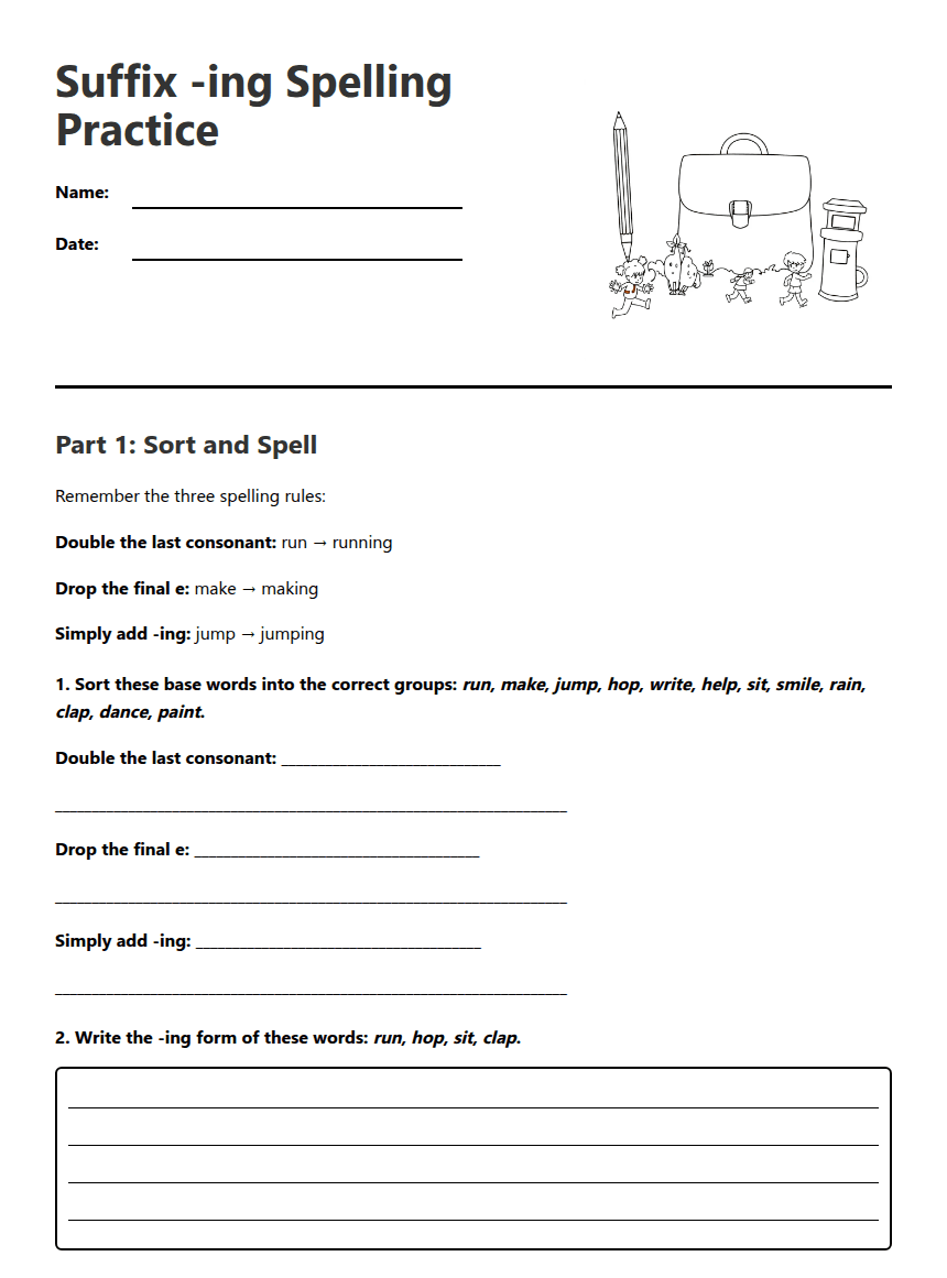 Suffix -ing Spelling Practice worksheet preview