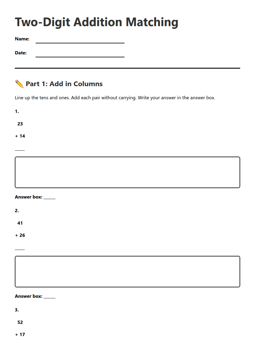 Two-Digit Addition Matching worksheet preview
