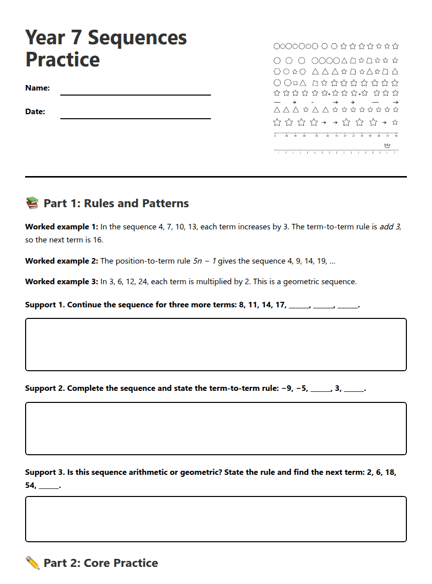 Year 7 Sequences Practice worksheet preview