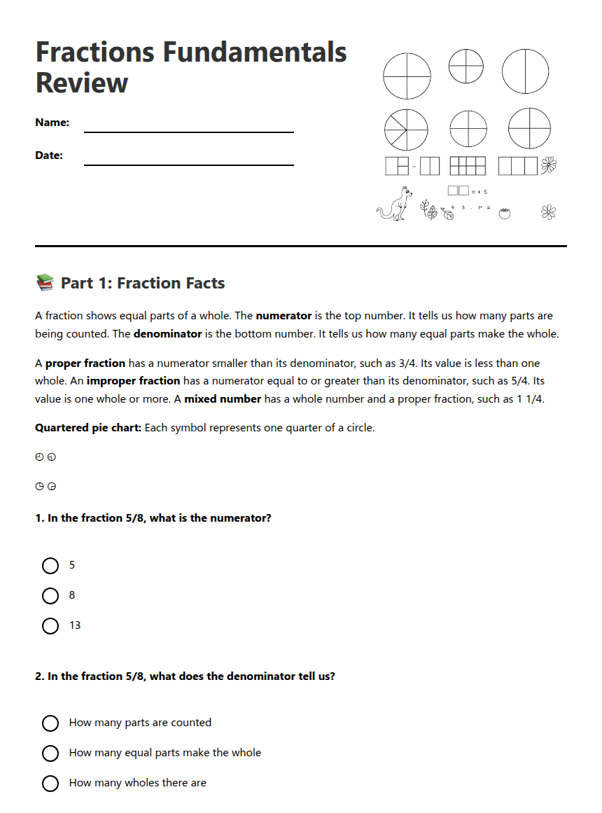 Fractions Fundamentals Review worksheet preview