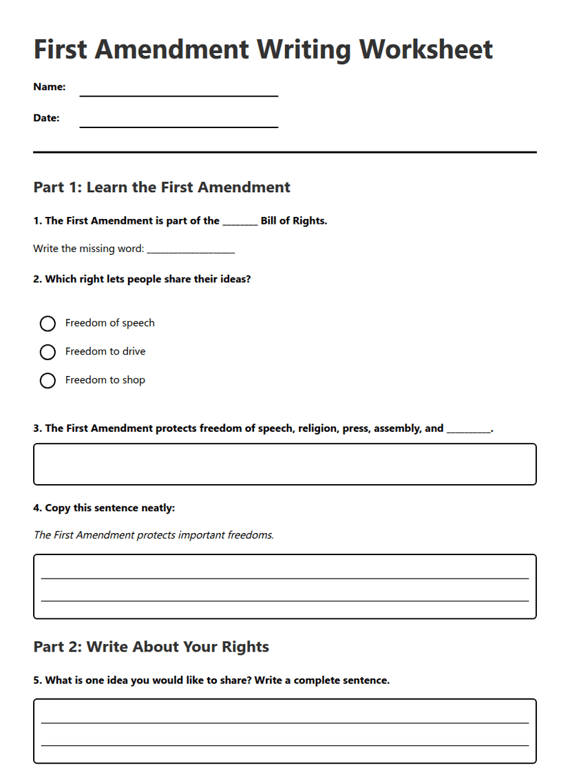 First Amendment Writing Worksheet