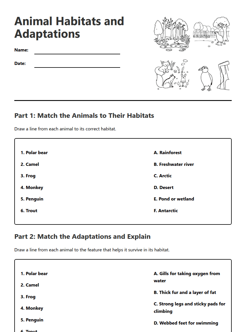 Animal Habitats and Adaptations worksheet preview