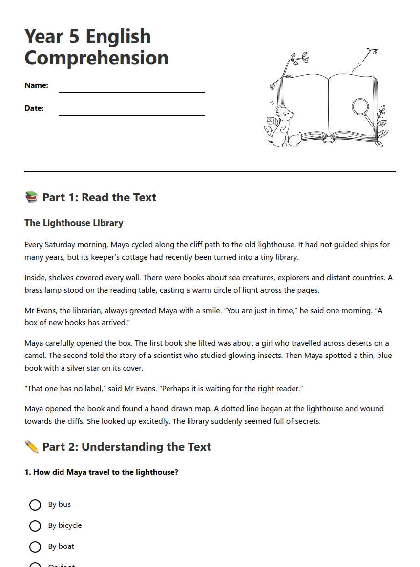 Year 5 English Comprehension worksheet preview