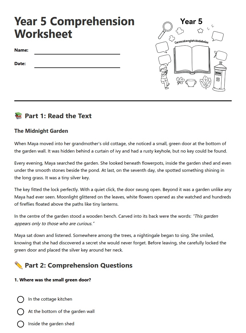 Year 5 Comprehension Worksheet worksheet preview