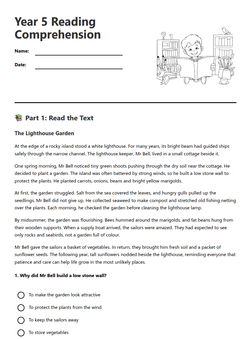 Year 5 Reading Comprehension worksheet preview