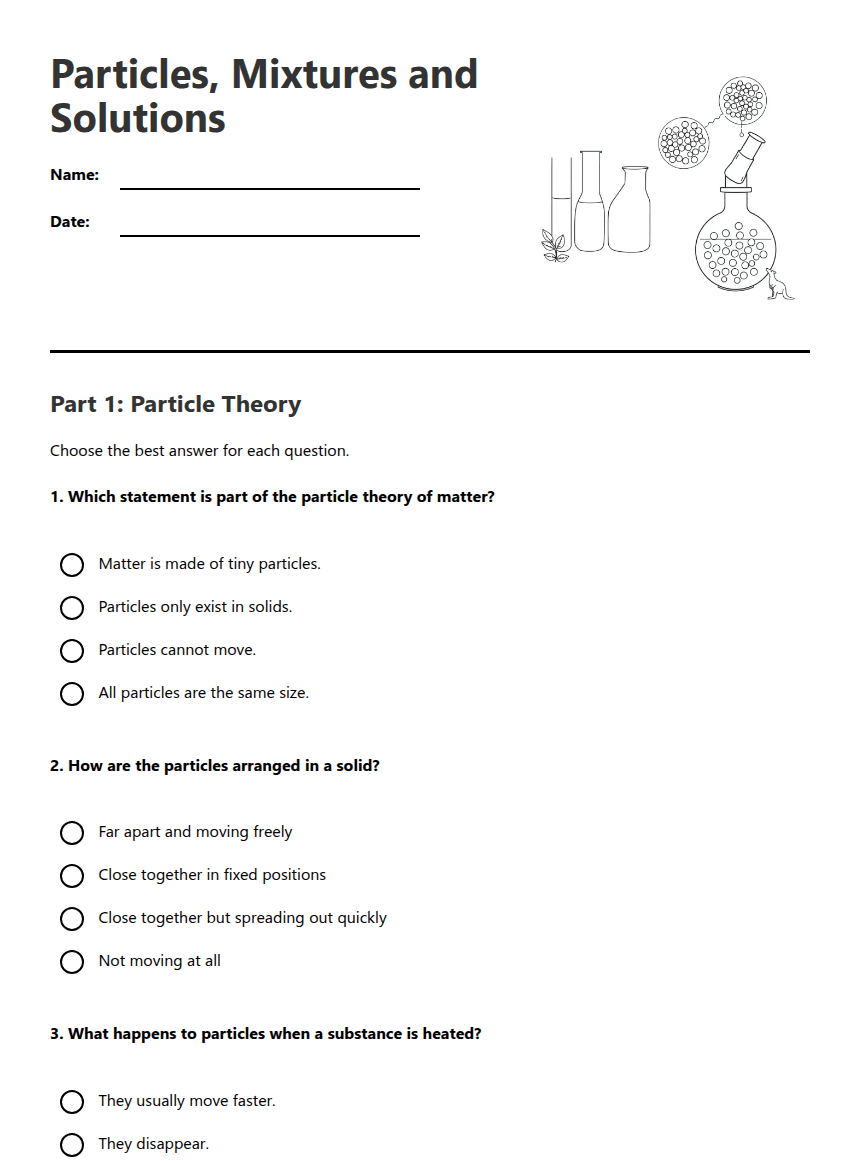 Particles, Mixtures and Solutions worksheet preview