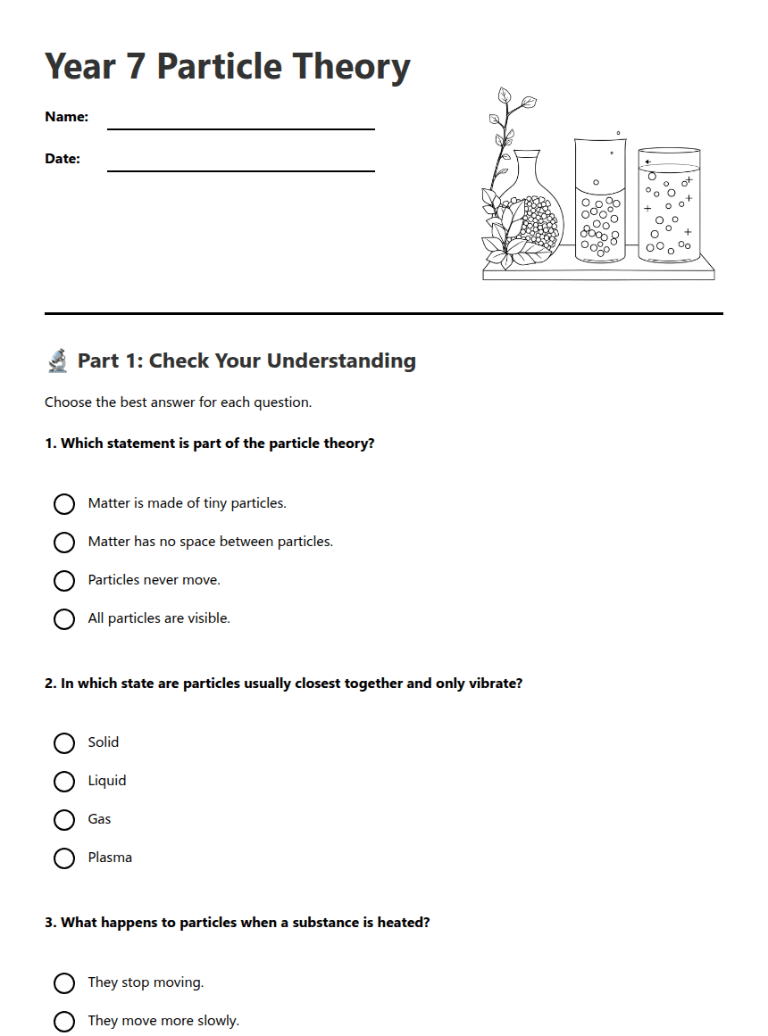 Year 7 Particle Theory worksheet preview