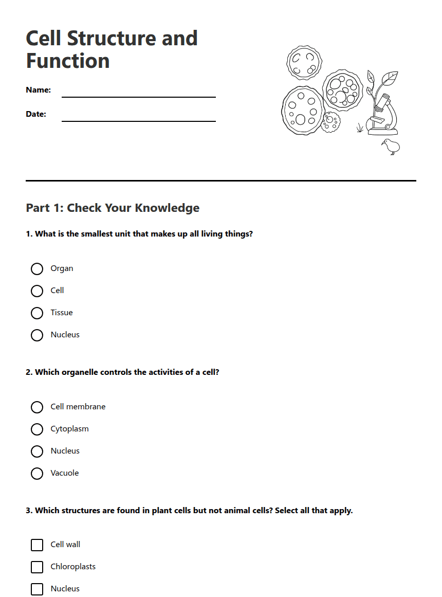 Cell Structure and Function worksheet preview