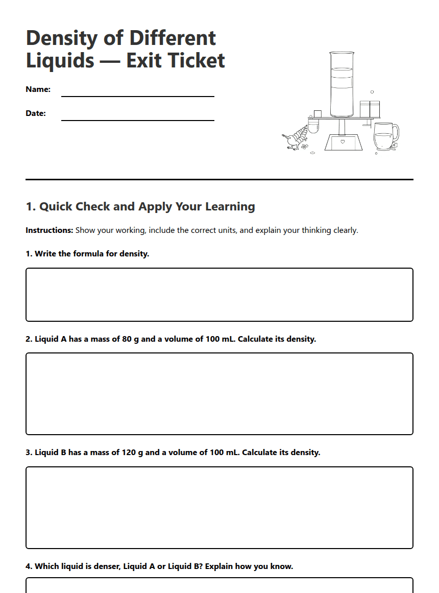 Density of Different Liquids worksheet preview