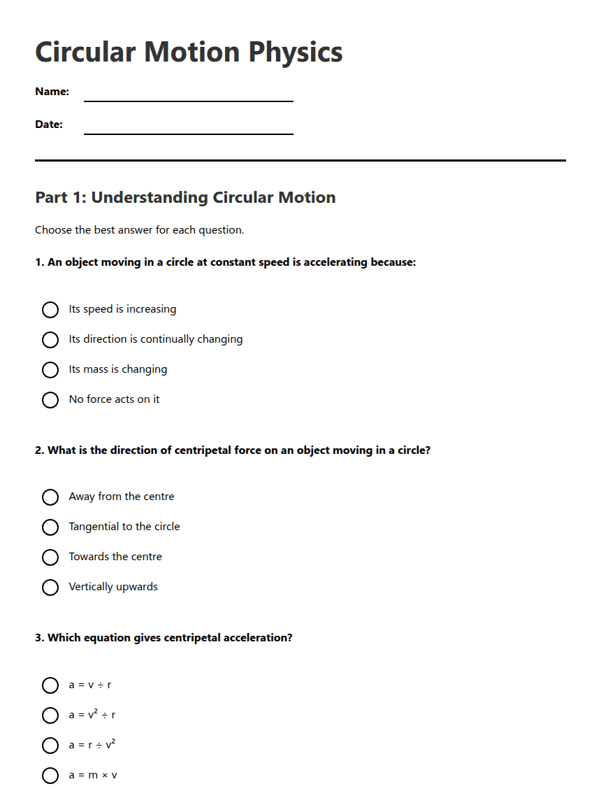 Circular Motion Physics worksheet preview