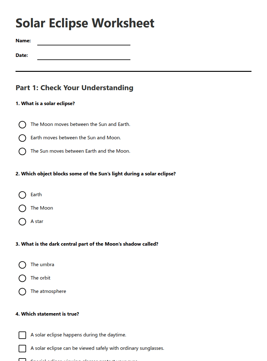 Solar Eclipse Worksheet worksheet preview