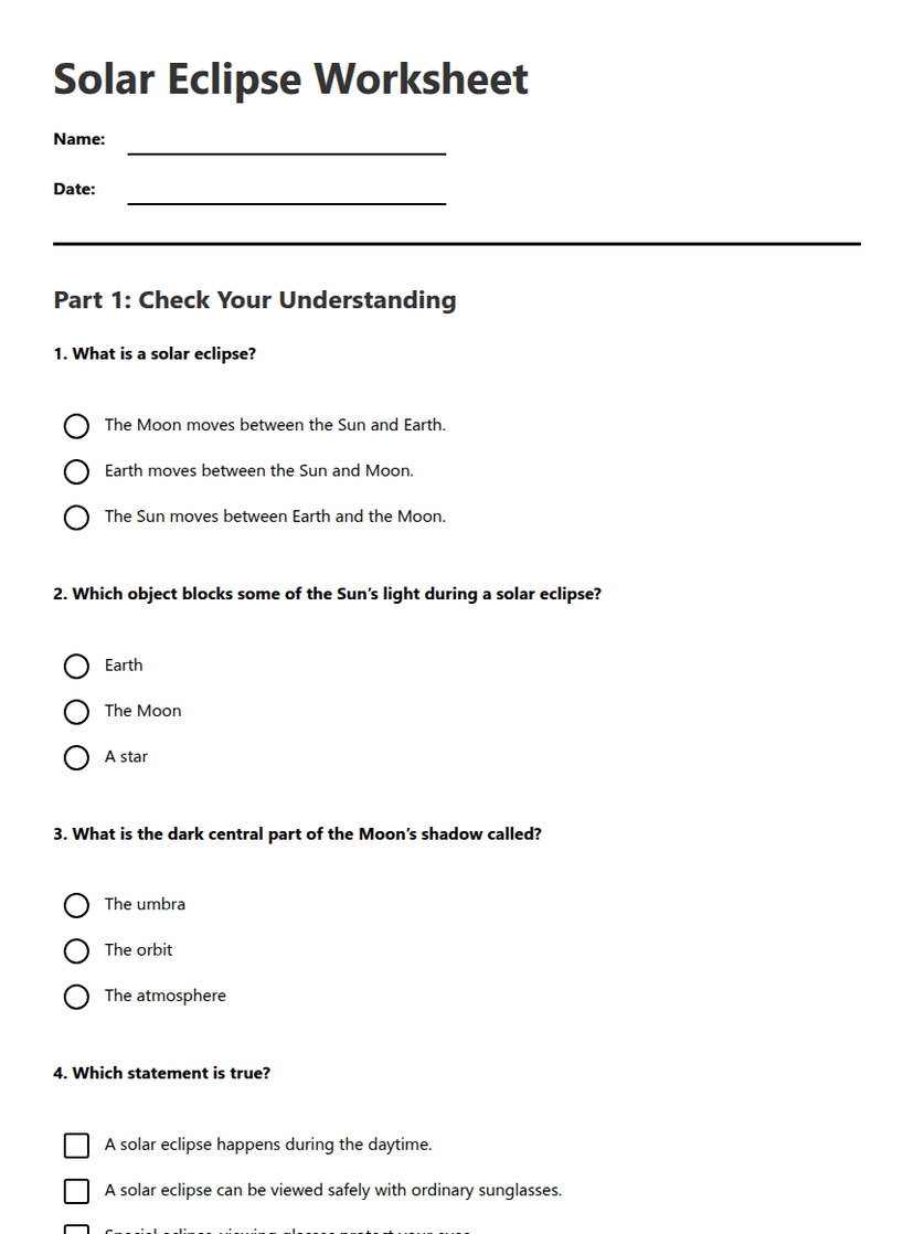 Solar Eclipse Worksheet