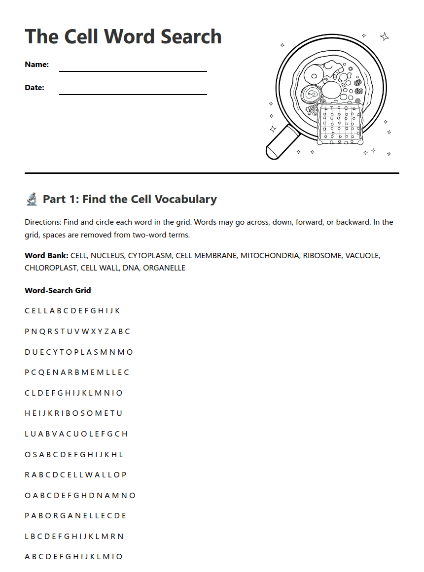 The Cell Word Search worksheet preview