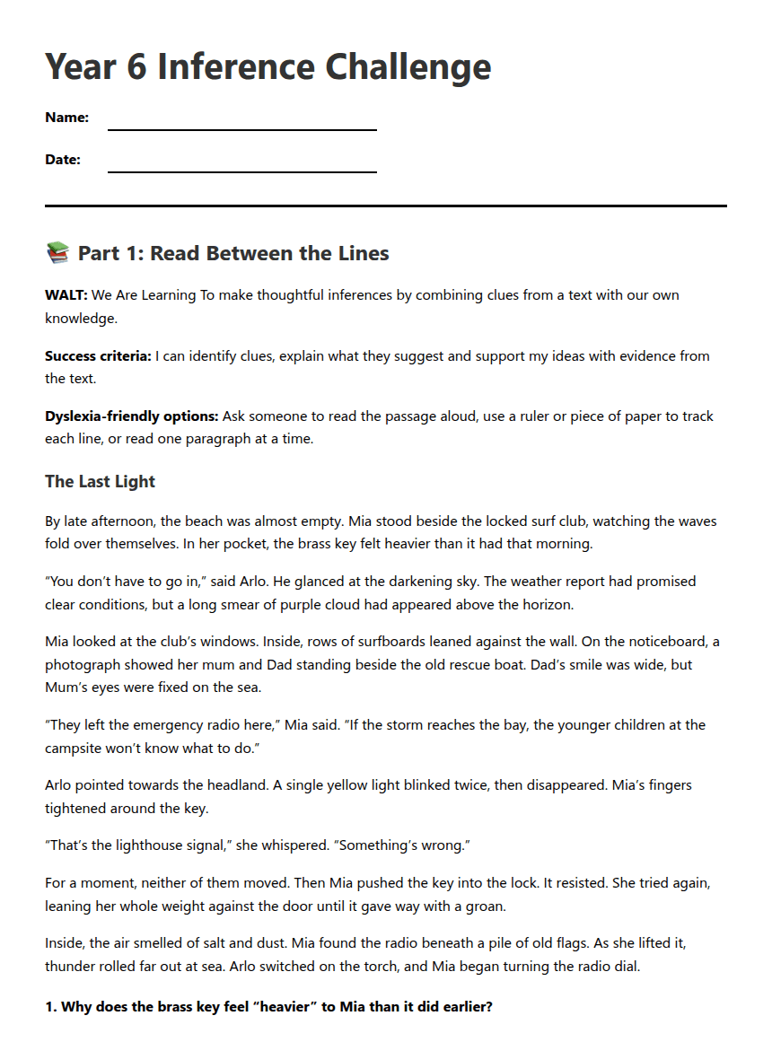 Year 6 Inference Challenge worksheet preview