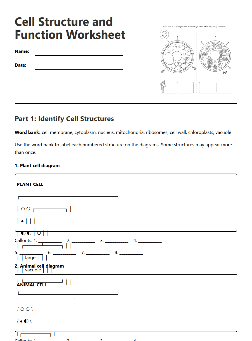 Cell Structure and Function Worksheet worksheet preview
