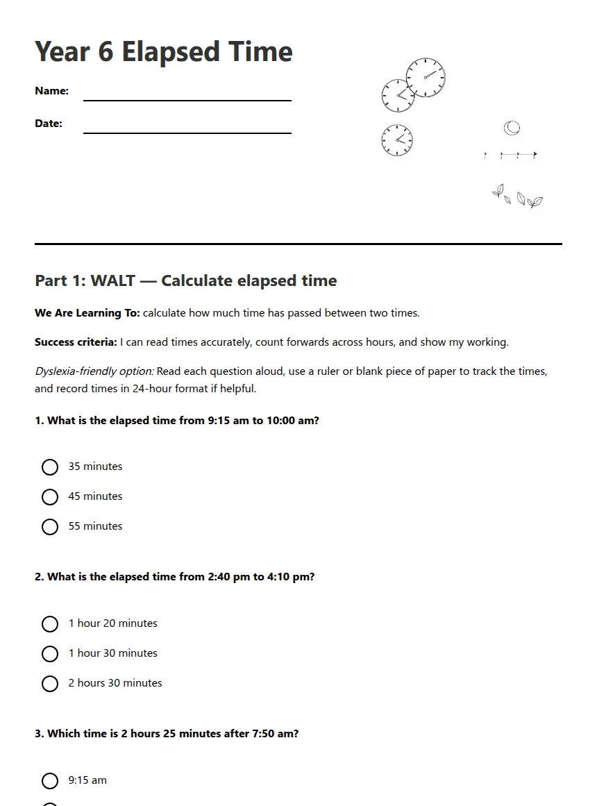 Year 6 Elapsed Time worksheet preview