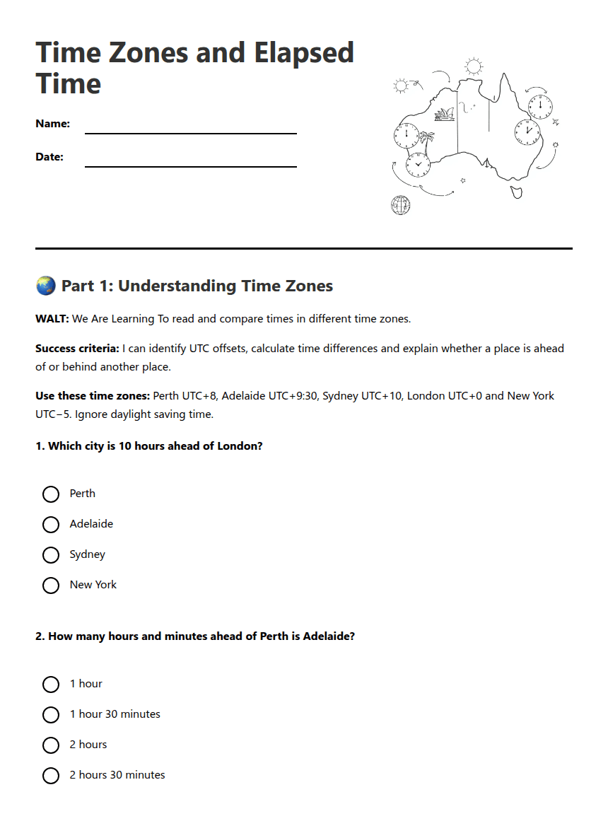 Time Zones and Elapsed Time worksheet preview