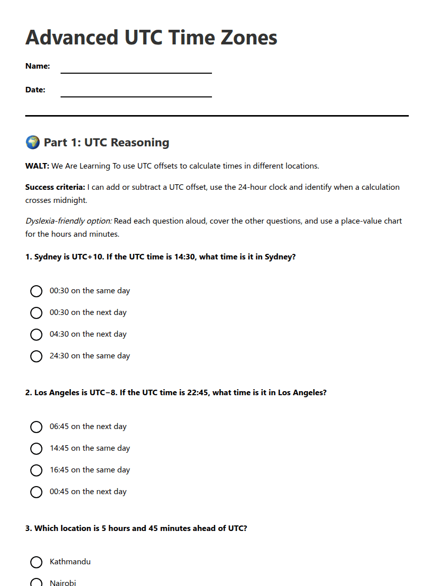 Advanced UTC Time Zones worksheet preview