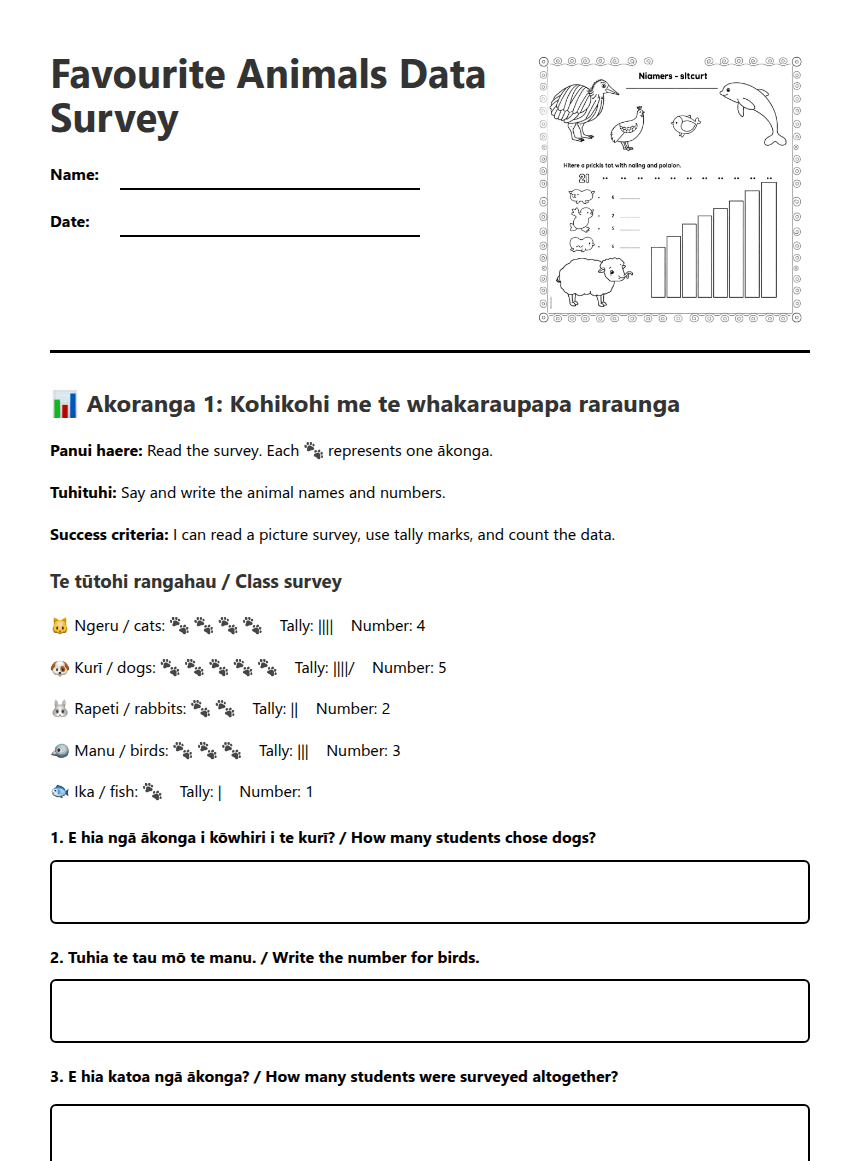Favourite Animals Data Survey worksheet preview