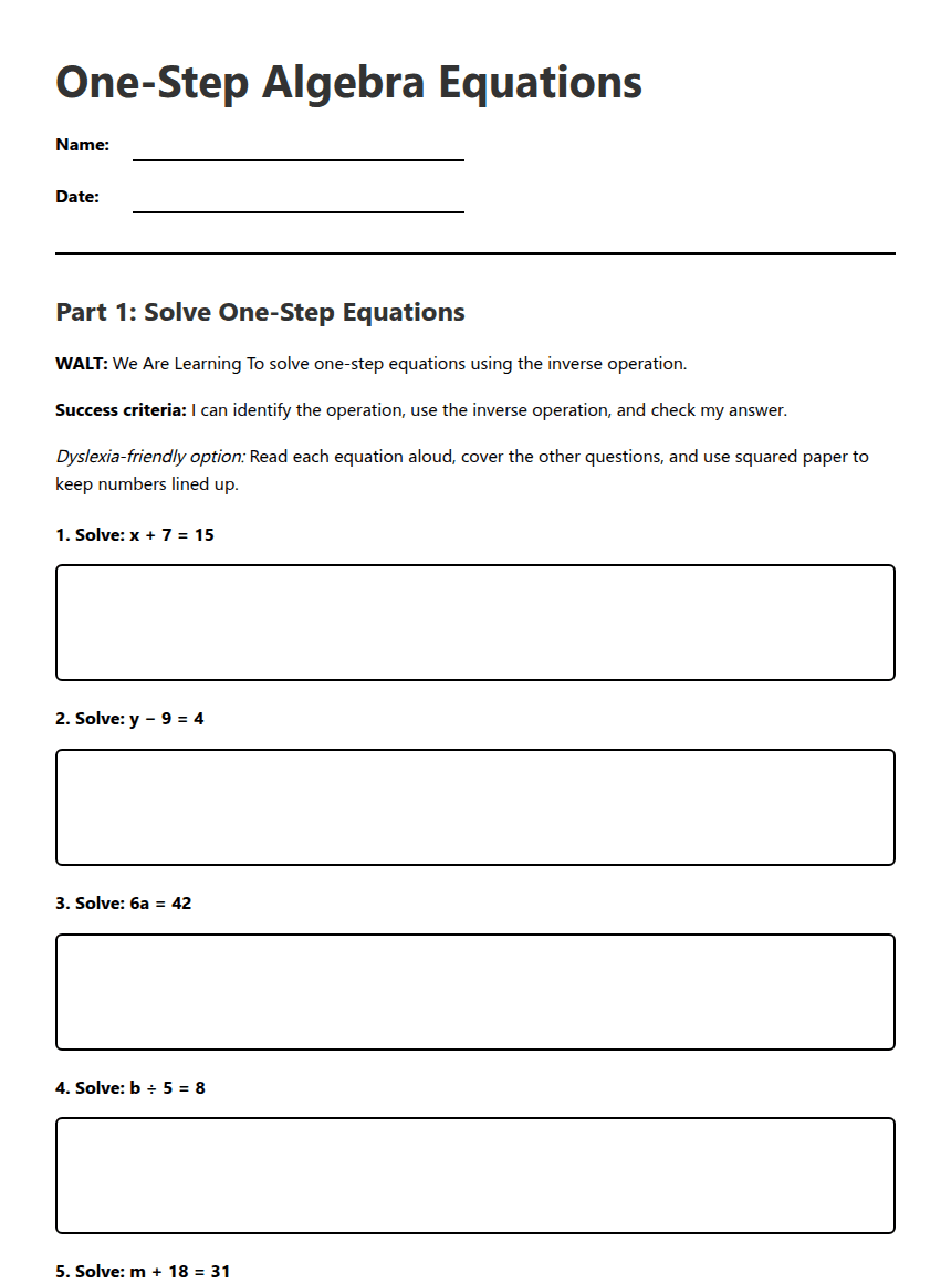 One-Step Algebra Equations worksheet preview