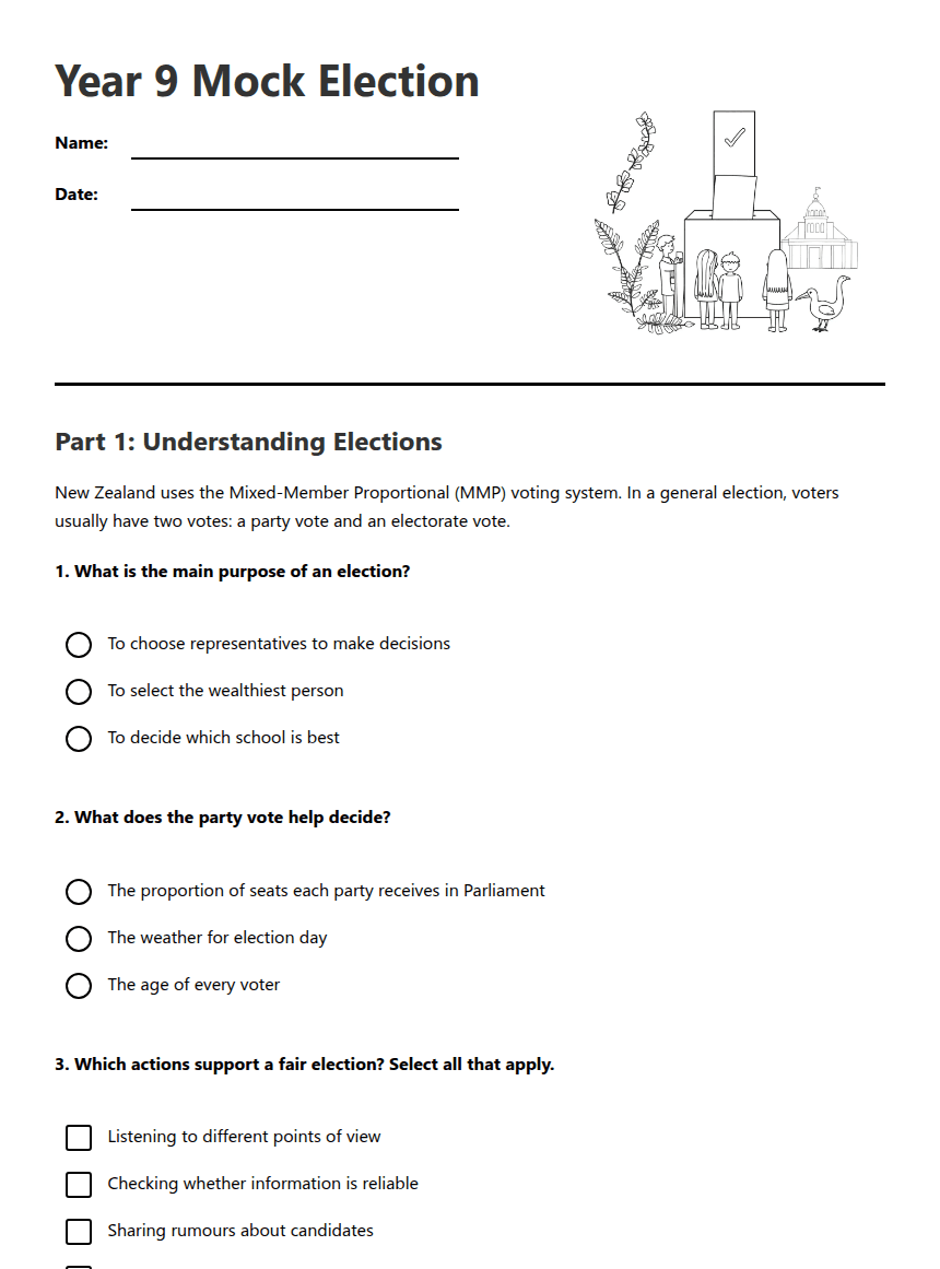 Year 9 Mock Election worksheet preview