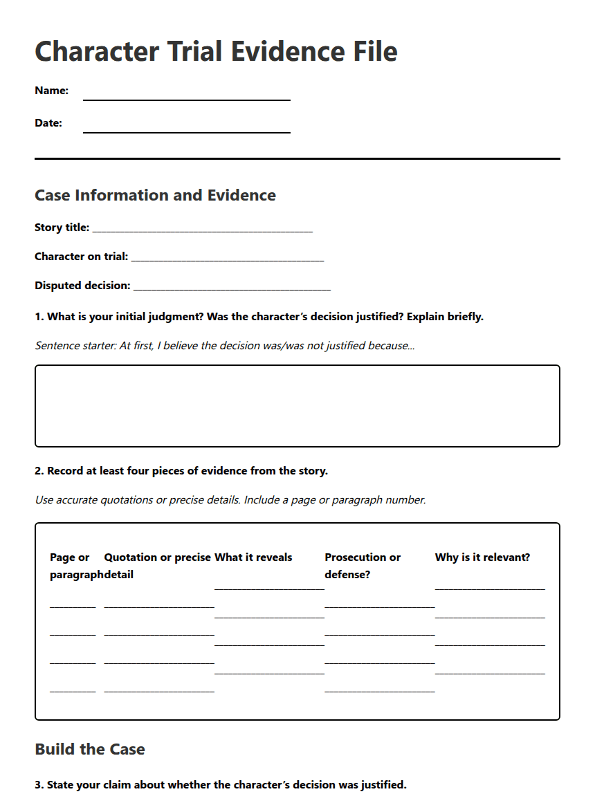 Character Trial Evidence File worksheet preview