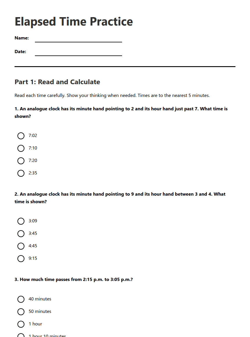 Elapsed Time Practice worksheet preview