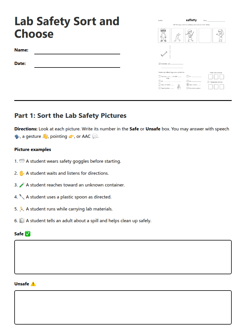 Lab Safety Sort and Choose worksheet preview