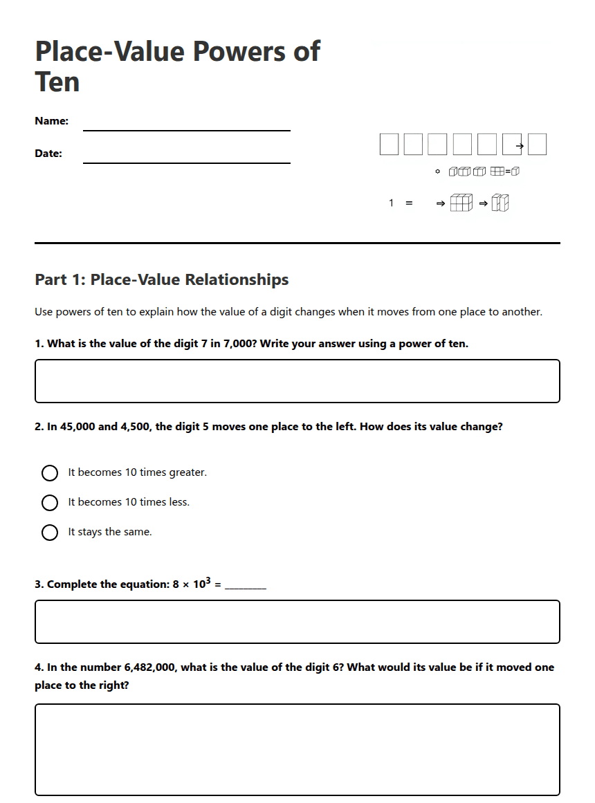 Place-Value Powers of Ten worksheet preview