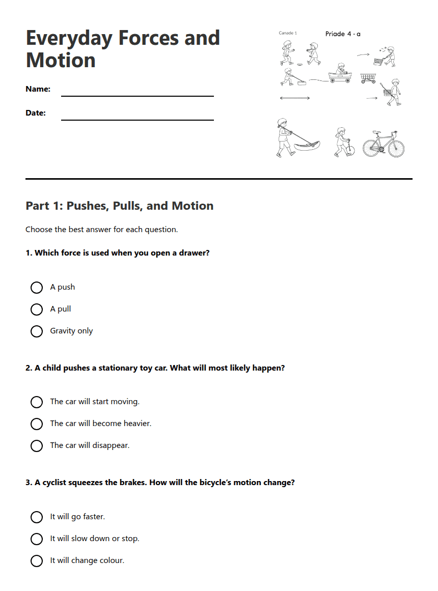 Everyday Forces and Motion worksheet preview