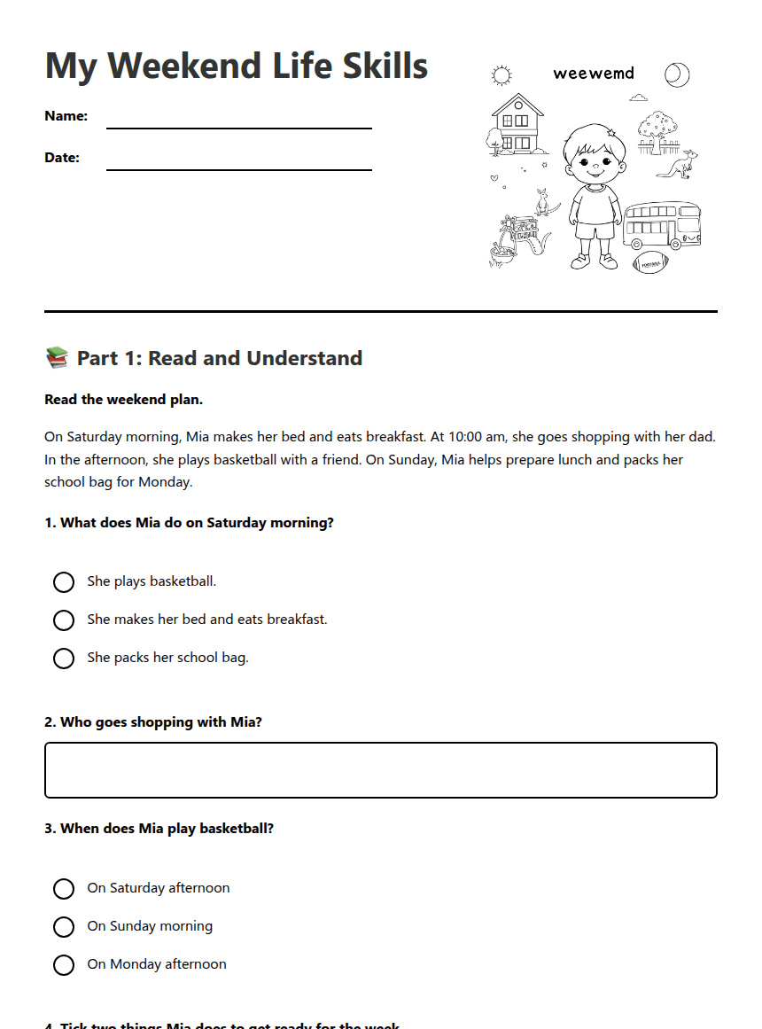 My Weekend Life Skills worksheet preview