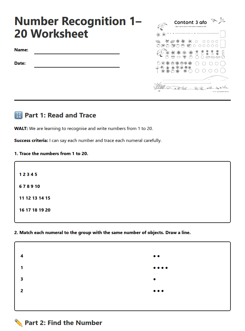 Number Recognition 1–20 Worksheet worksheet preview