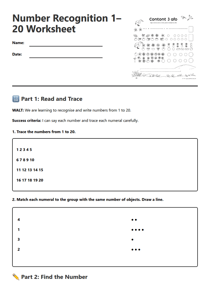 Number Recognition 1–20 Worksheet