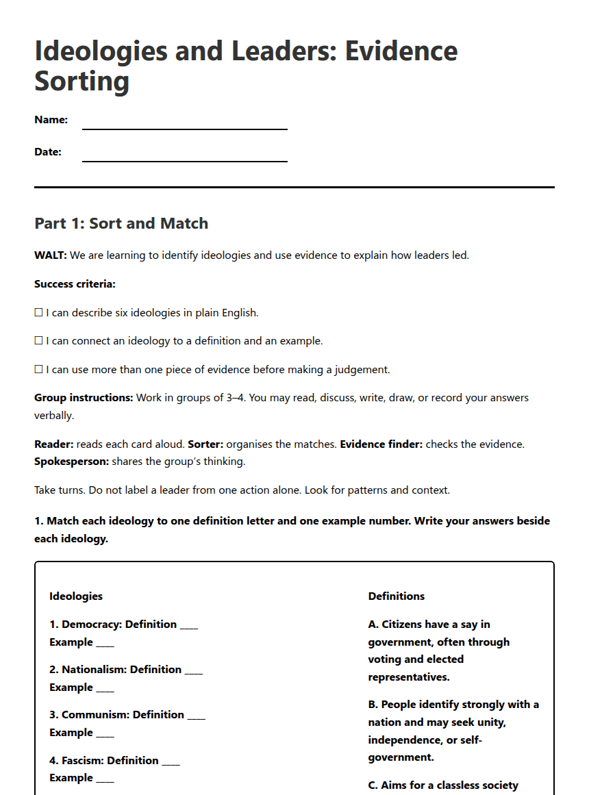 Ideologies and Leaders: Evidence Sorting worksheet preview