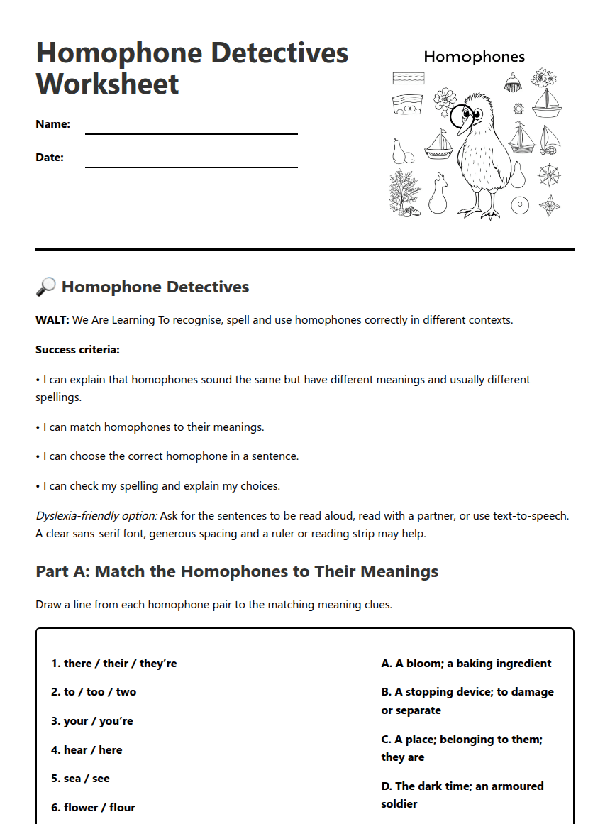 Homophone Detectives Worksheet worksheet preview