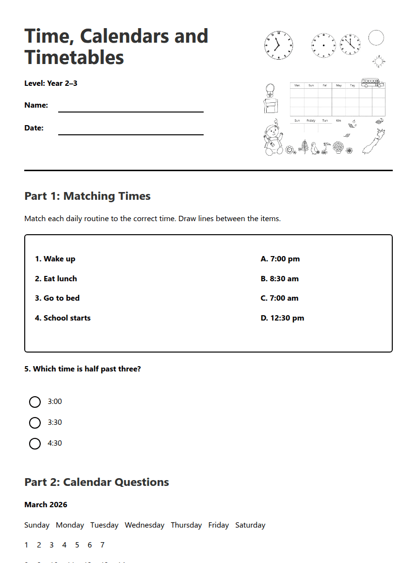 Time, Calendars and Timetables worksheet preview