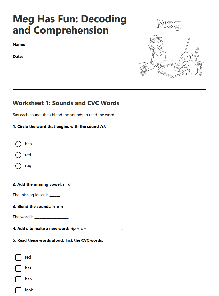 Meg Has Fun: Decoding and Comprehension worksheet preview