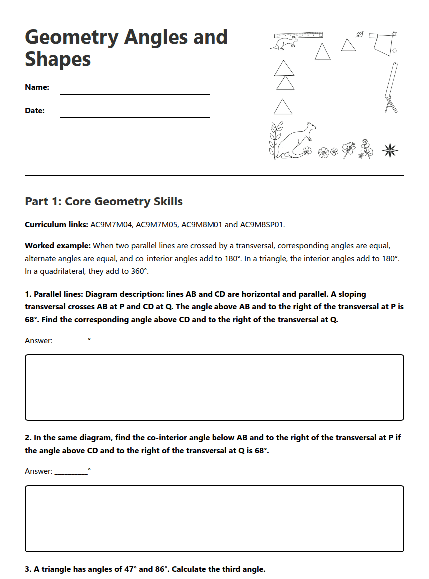 Geometry Angles and Shapes worksheet preview