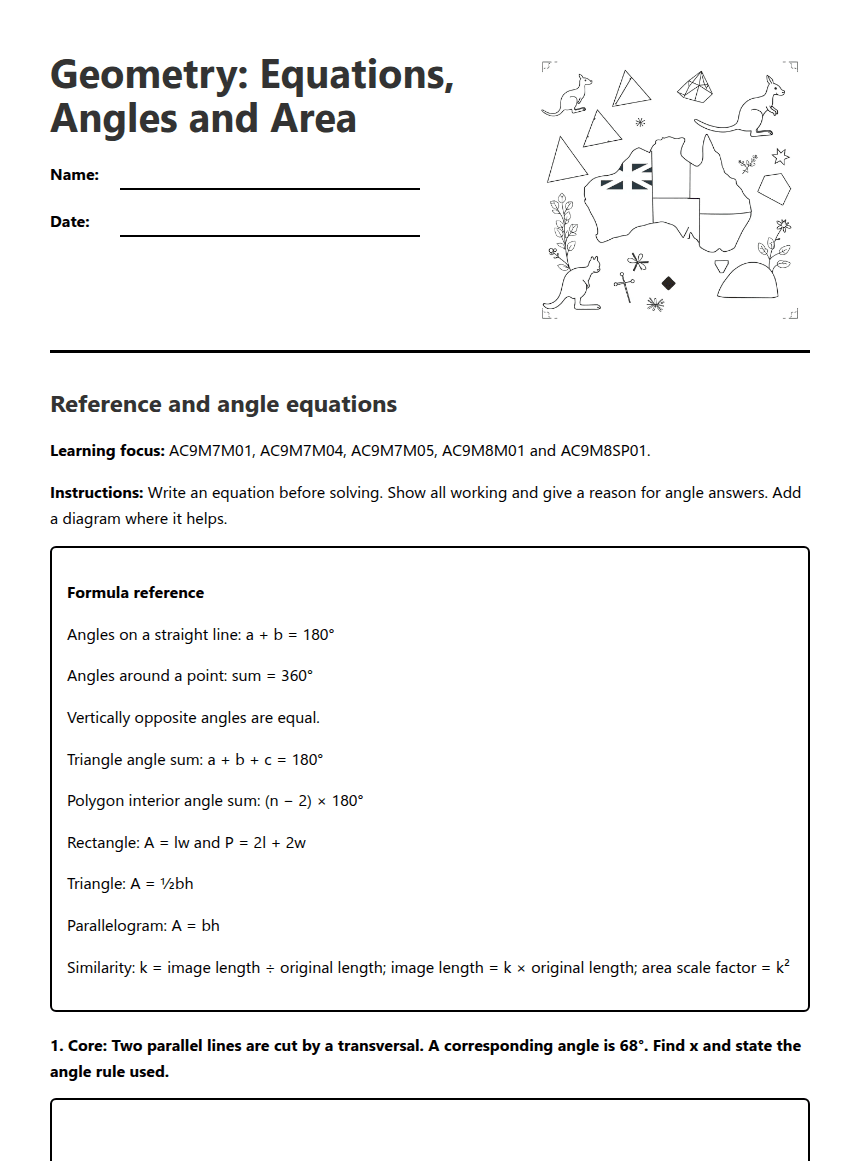 Geometry: Equations, Angles and Area worksheet preview