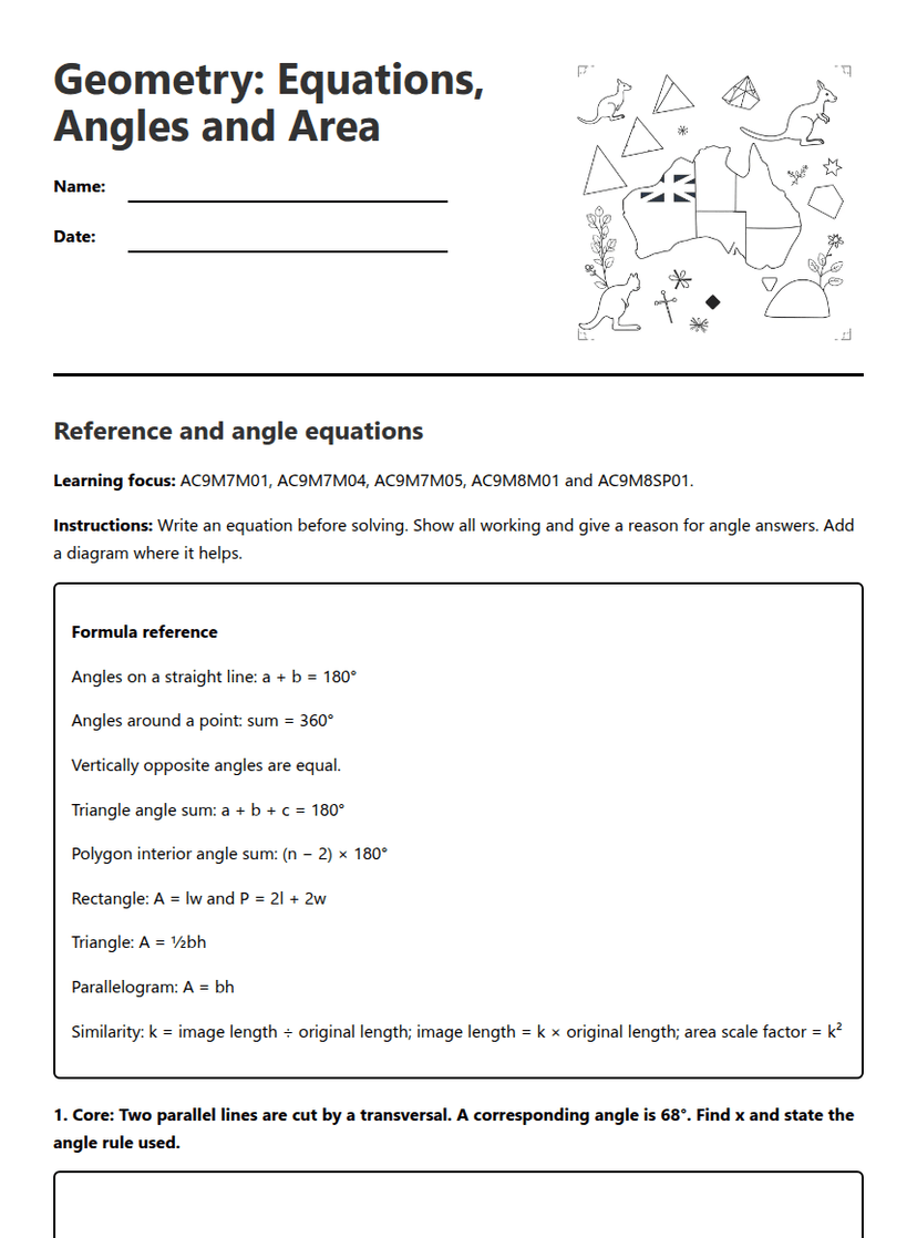 Geometry: Equations, Angles and Area