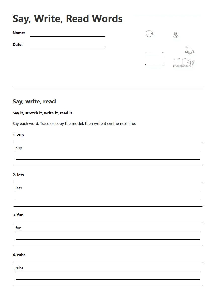 Say, Write, Read Words worksheet preview